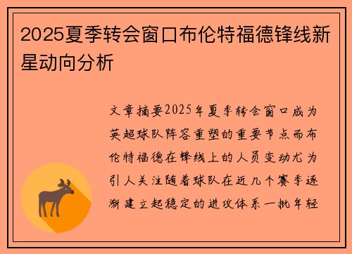 2025夏季转会窗口布伦特福德锋线新星动向分析 2025夏季转会窗口布伦特福德锋线新星动向分析